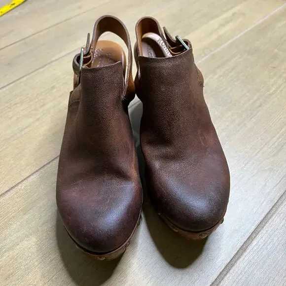 Kork-Ease Leather Platform Clog Heels Womens 9M Brown Slingback Wood Studded - Picture 14 of 16